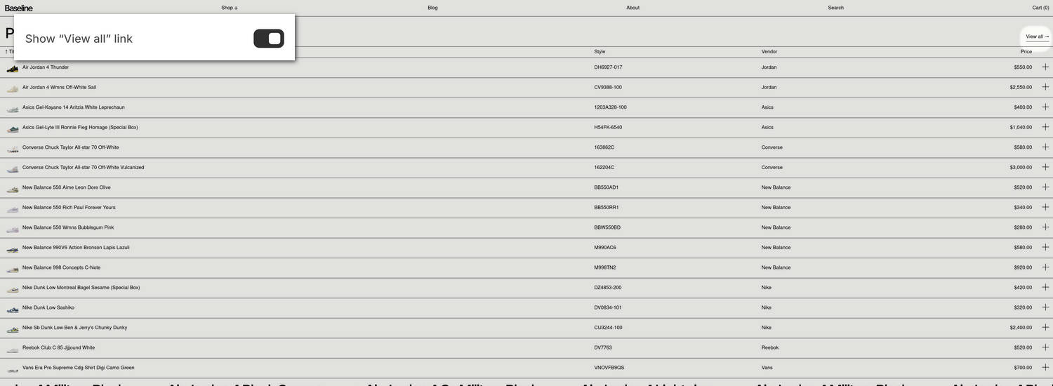 An example Featured collection table section on a store's home page.