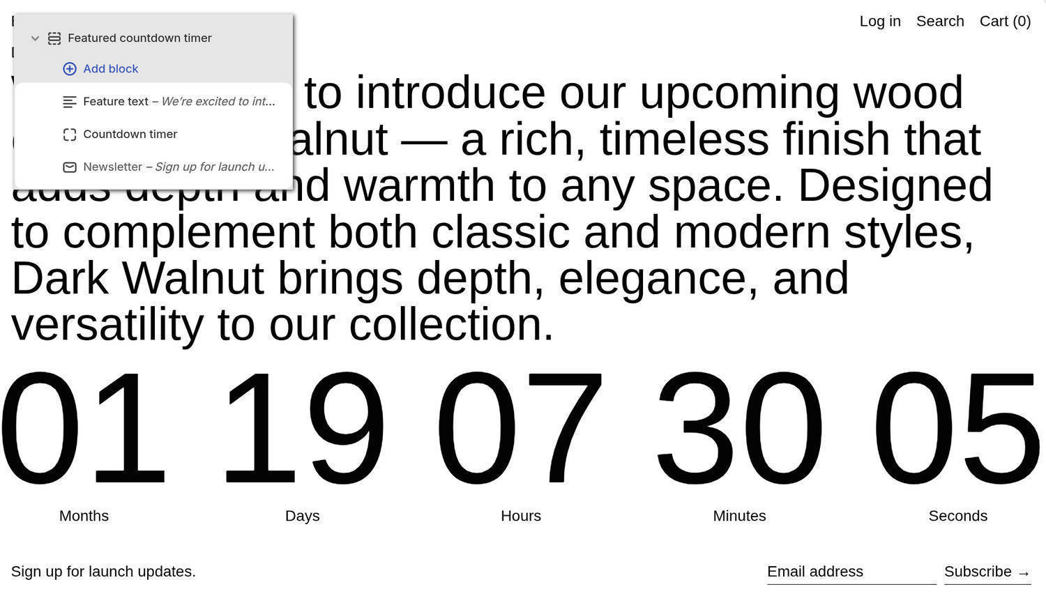 A Featured countdown timer section on a store's home page in the Theme editor.