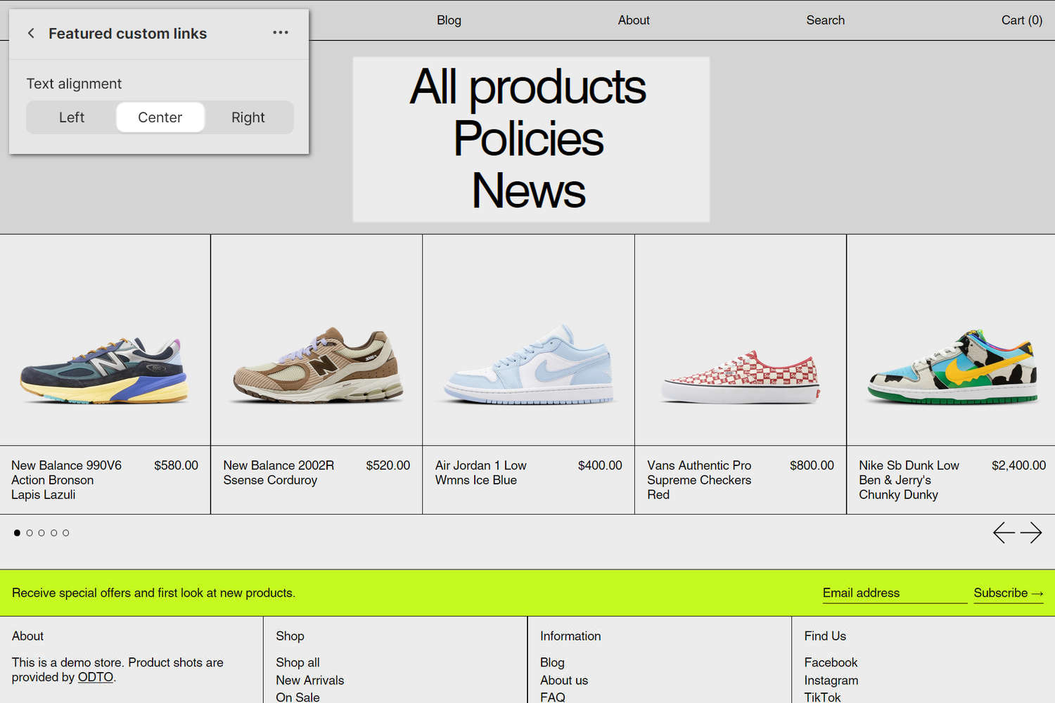 An example Featured custom links section on a store's home page.