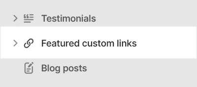 The Featured custom links section selected in Theme editor.
