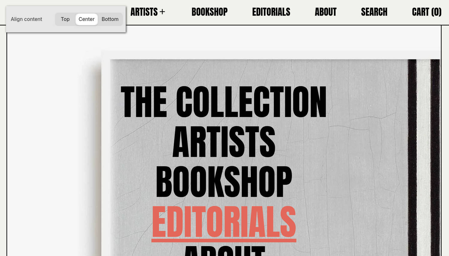 A Featured menu over image section on a store's home page in the Theme editor.