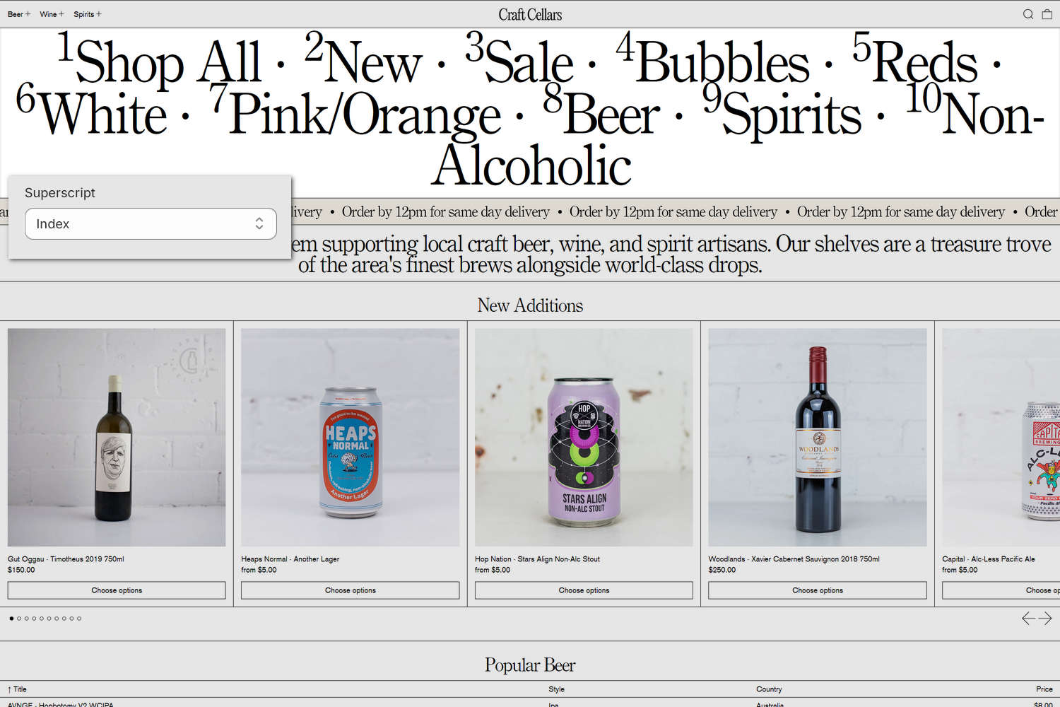 An example Featured menu section on a store's home page.