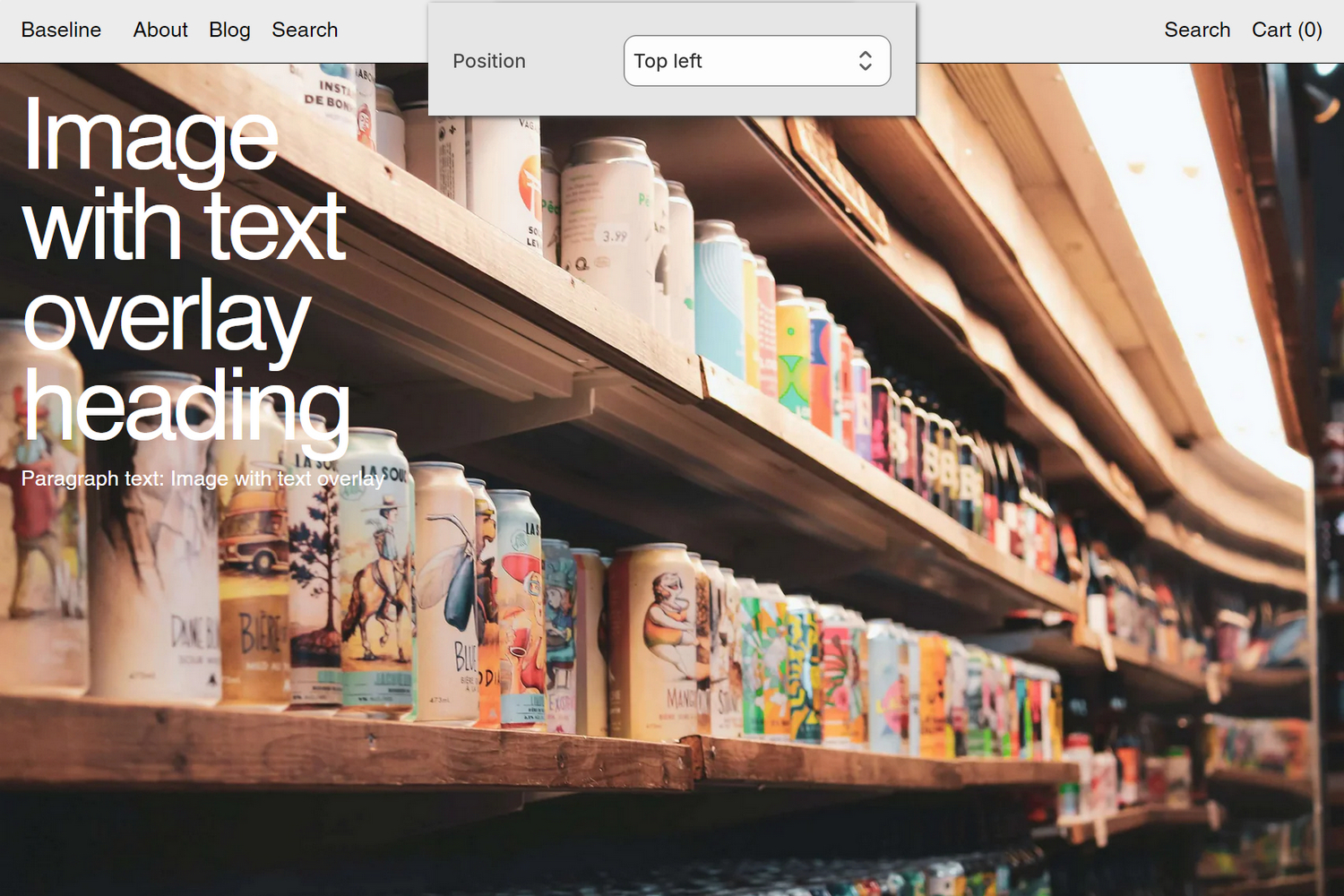 An example Image with text overlay section on a store's home page.