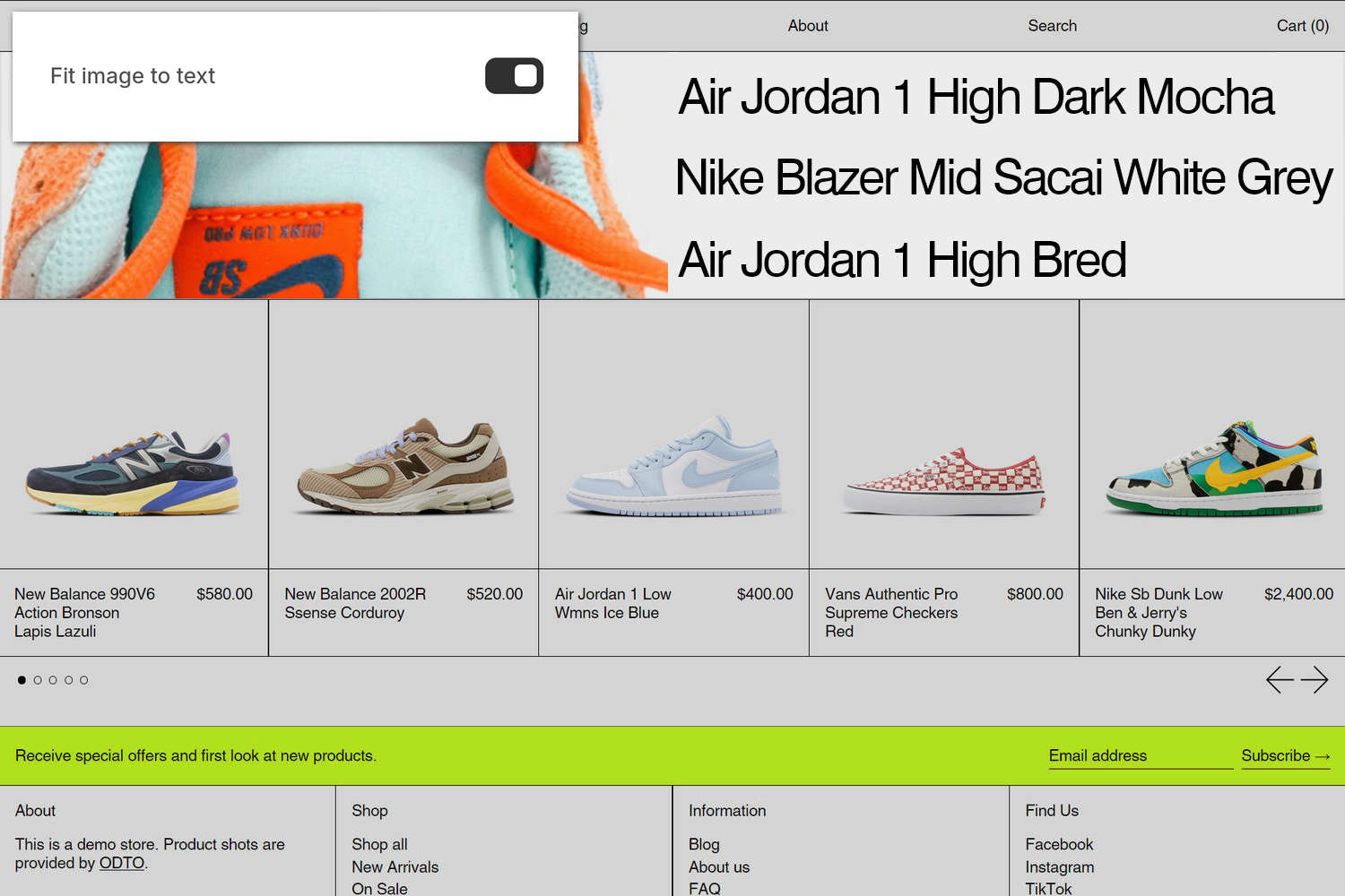 An example Product links with image section on a store's home page.