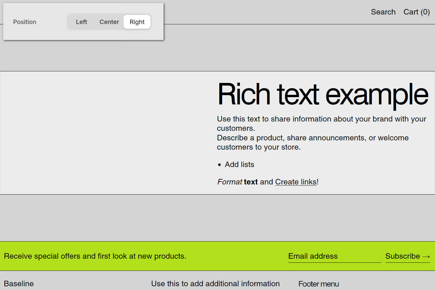 An example Rich text section on a store's home page.