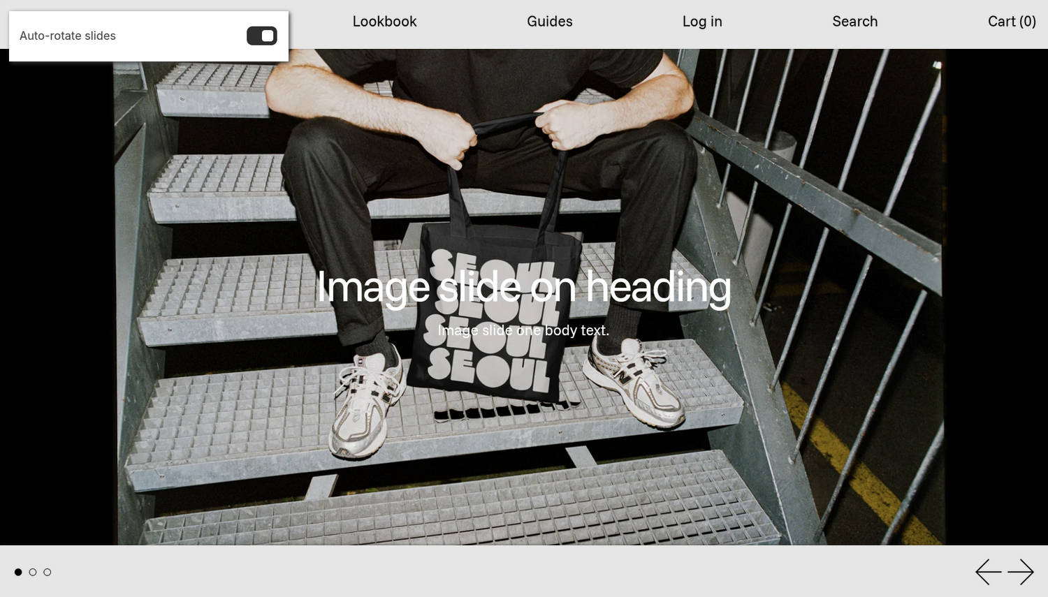 A Slideshow section on a store's home page in the Theme editor.