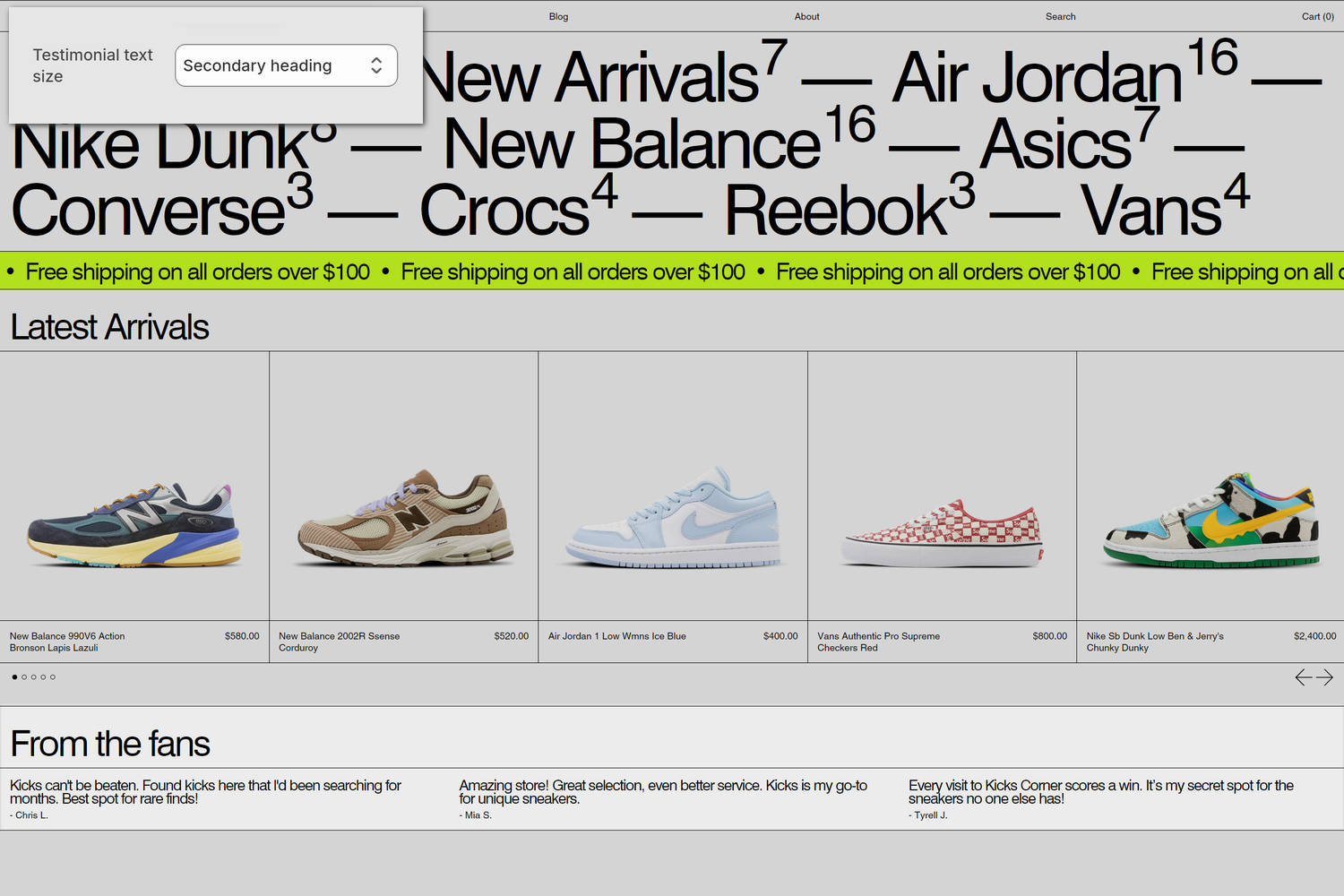 An example Testimonials section on a store's home page.