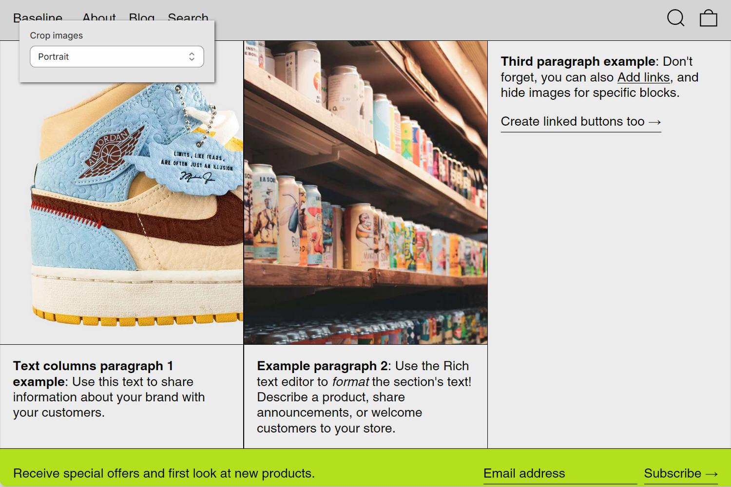 An example Text columns with images section on a store's home page.