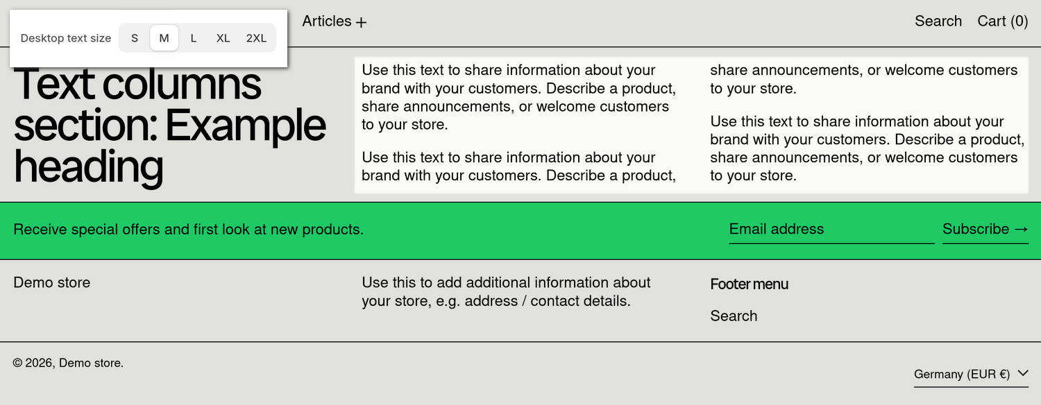 An example Text columns section on a store's home page.