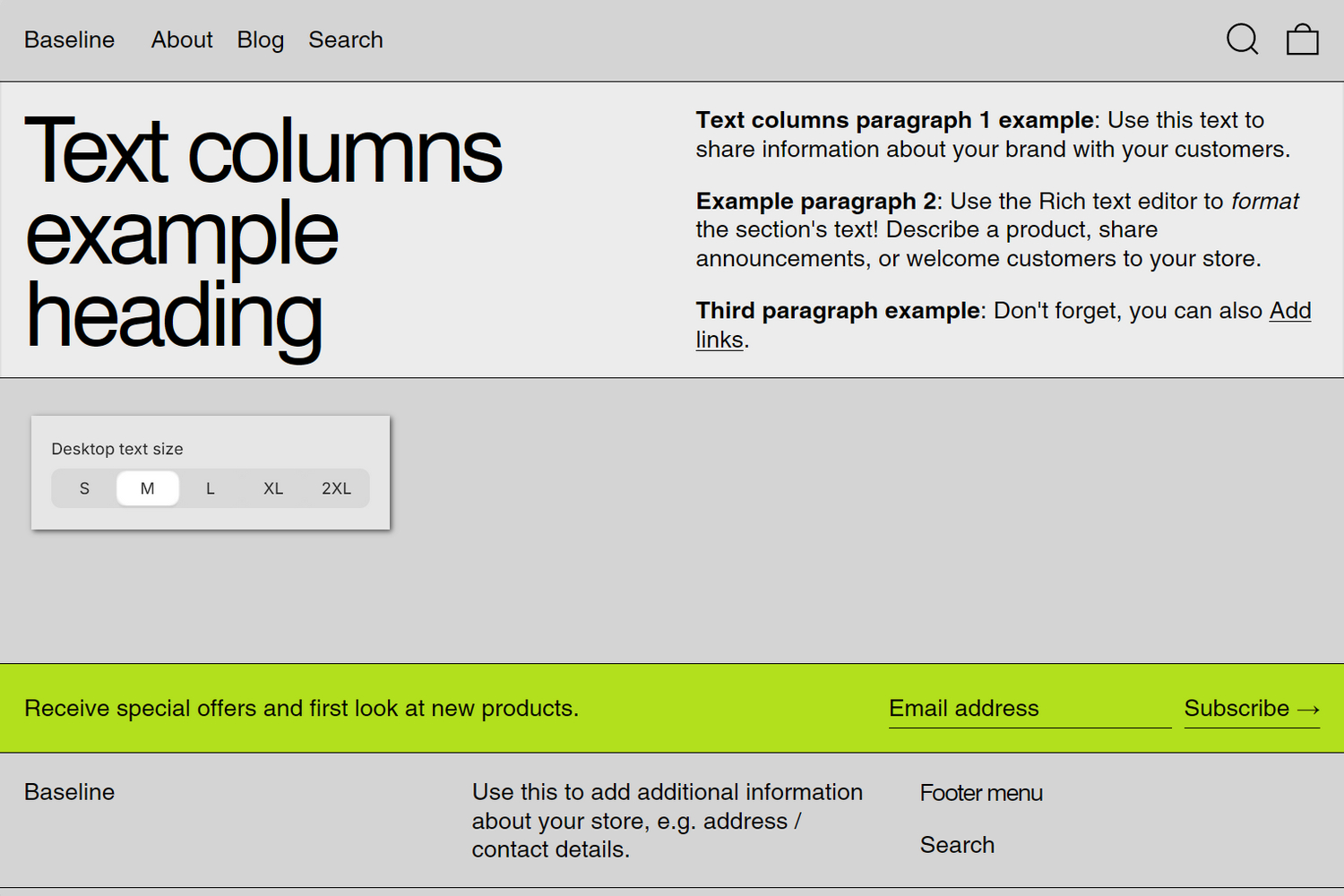 An example Text columns section on a store's home page.