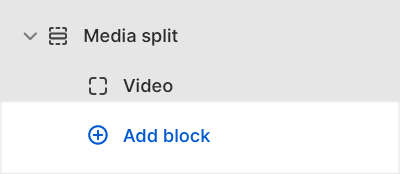The Video split section's Add block menu in Theme editor.
