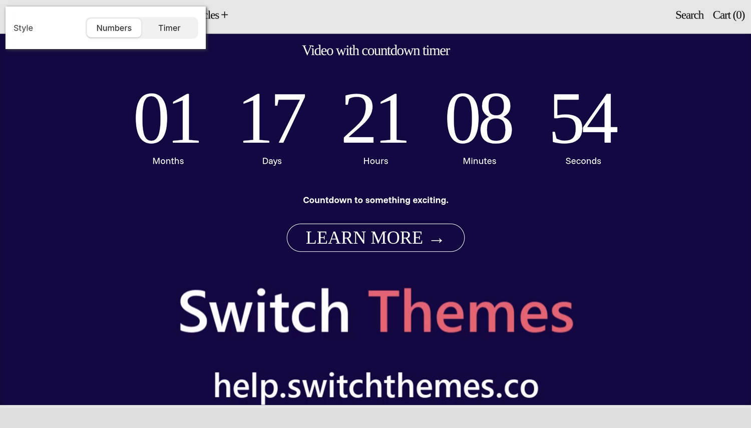 A Video with countdown timer section on a store's home page in the Theme editor.