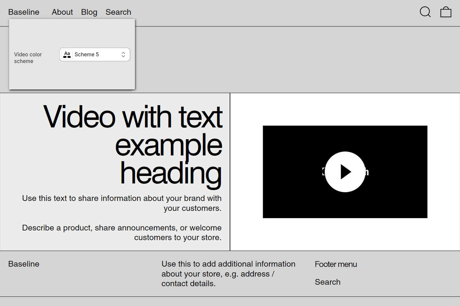 An example Video with text section on a store's home page.