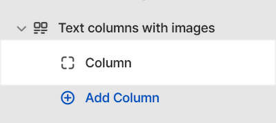 A selected Column block inside a Text columns with images section in Theme editor.