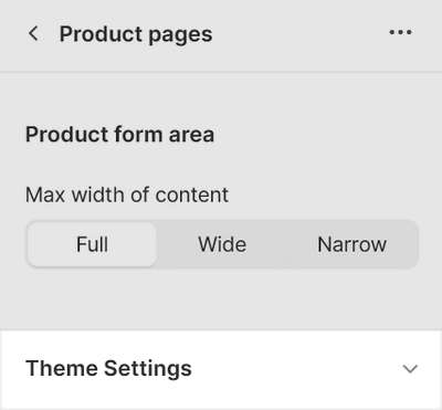 An example of the Theme settings menu for a Product pages section in Theme editor.