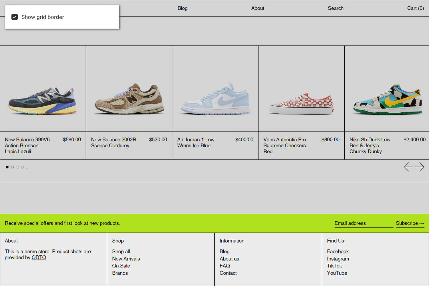 An example Footer section on a store's home page.