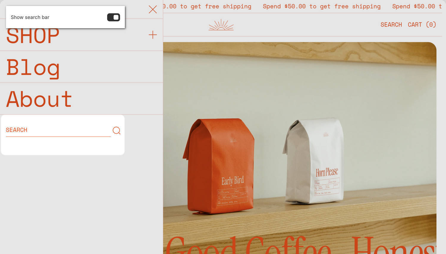 An example Menu drawer section on a store's home page.