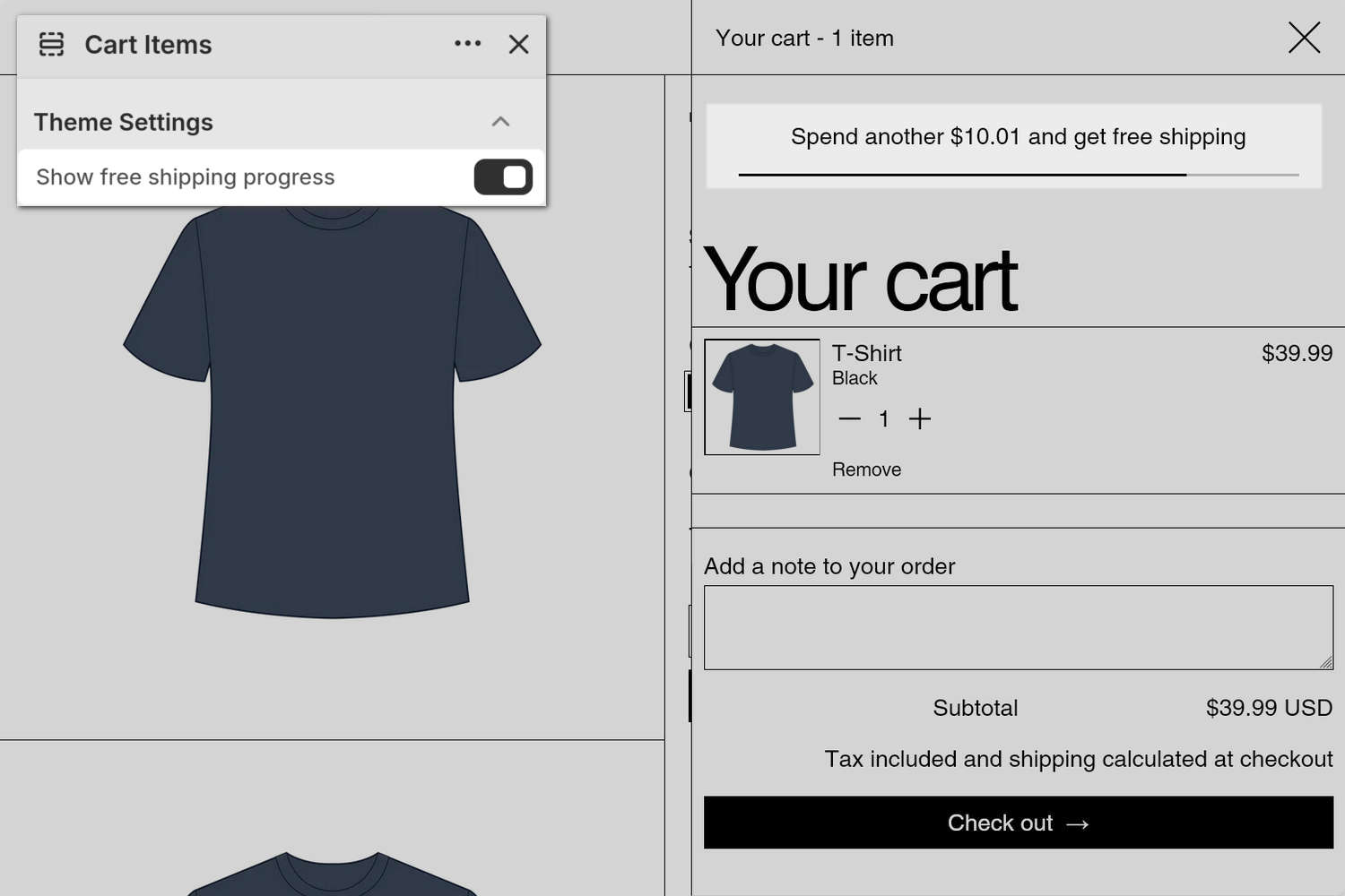An example Cart items section inside a store's cart drawer.