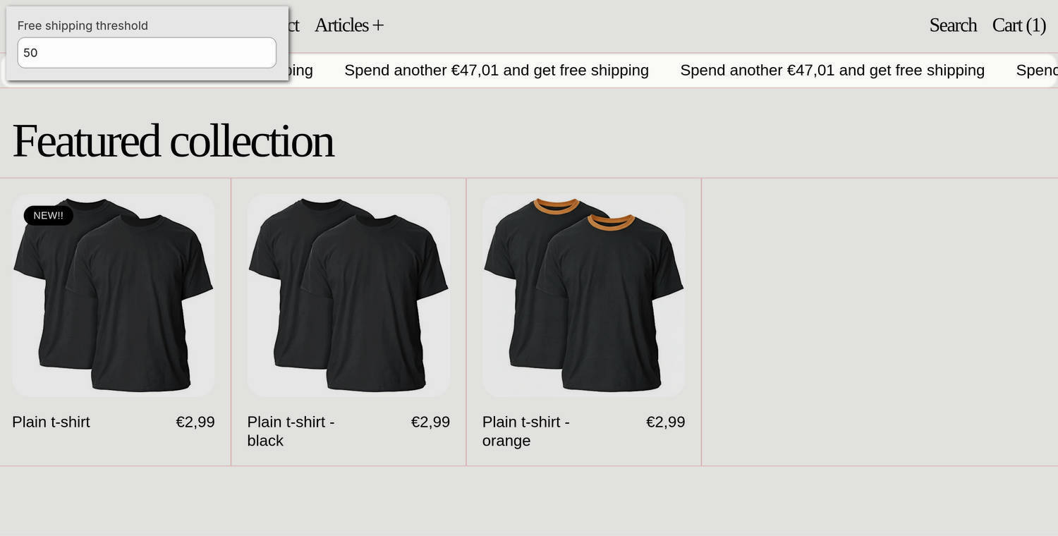 A Free shipping bar section on a store's home page in the Theme editor.