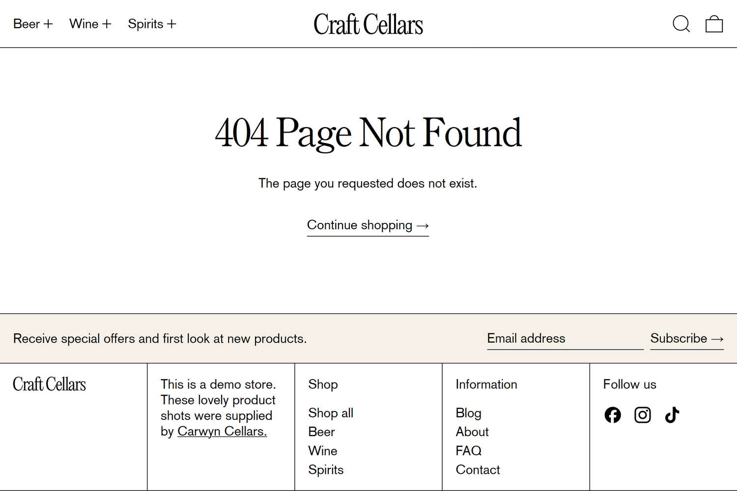 An example Main 404 section on a store's 404 page.