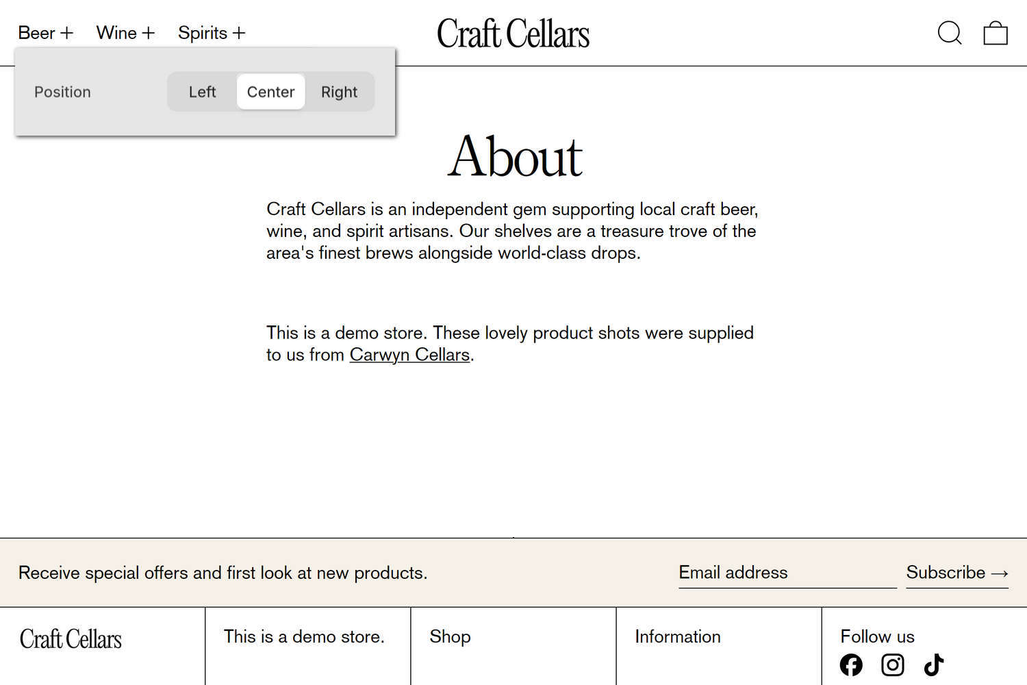 An example Pages section on a store's About page.