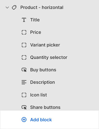 The add block options for the Product - horizontal section in Theme editor.