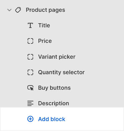 The add block options for the Product pages - thumbnails section in Theme editor.