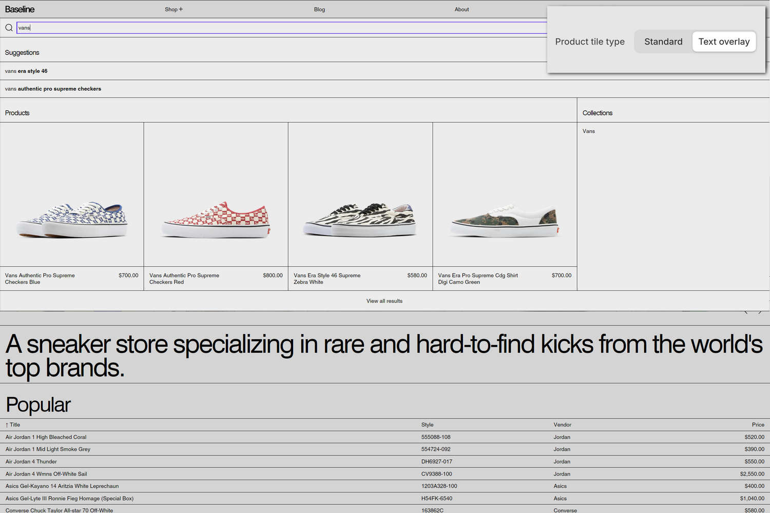 An example Search results section on a store's page.