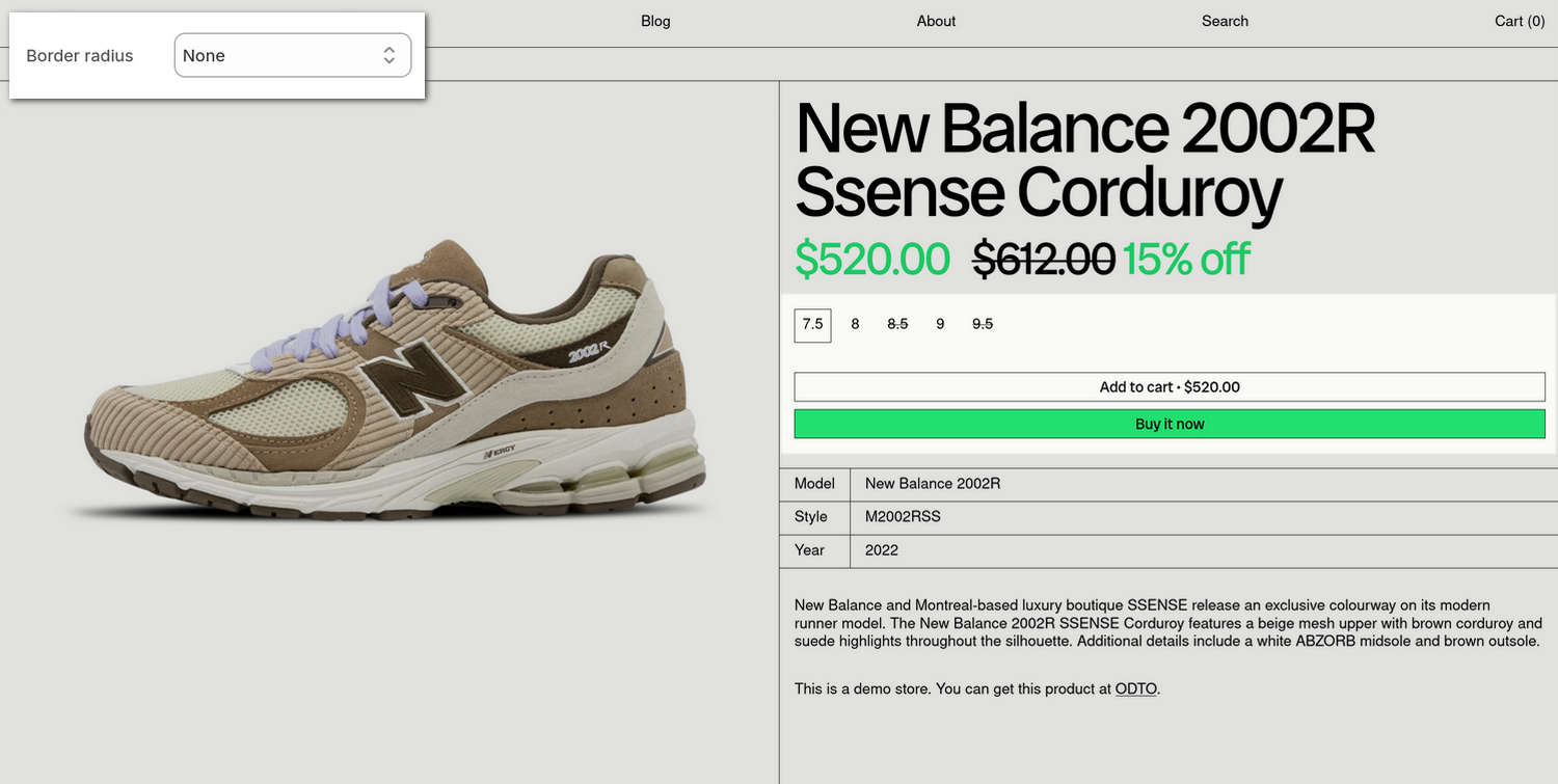An example store's home page with the Theme setting's Buttons menu open in Theme editor.