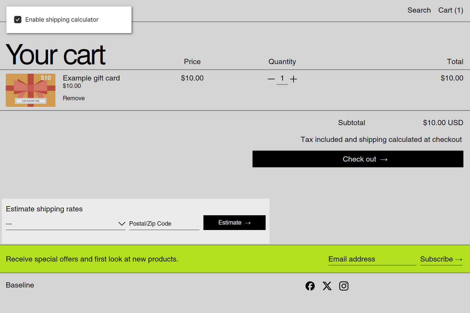 An example store's home page with the Theme setting's Cart menu open in Theme editor.