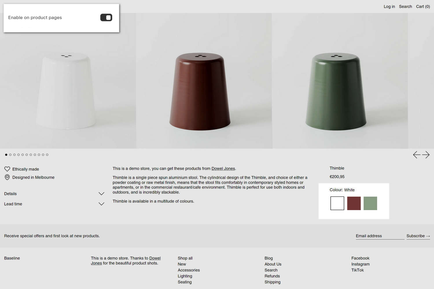 An example store's home page with the Theme setting's Color swatches menu open in Theme editor.