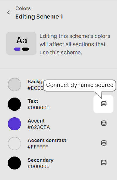 The Connect dynamic source icon, inside the Theme setting's Colors menu, in Theme editor.