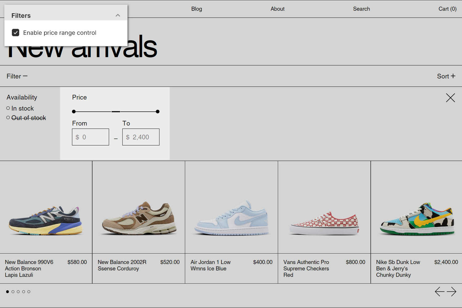 An example store's Collection page with the Theme setting's Filters menu open in Theme editor.
