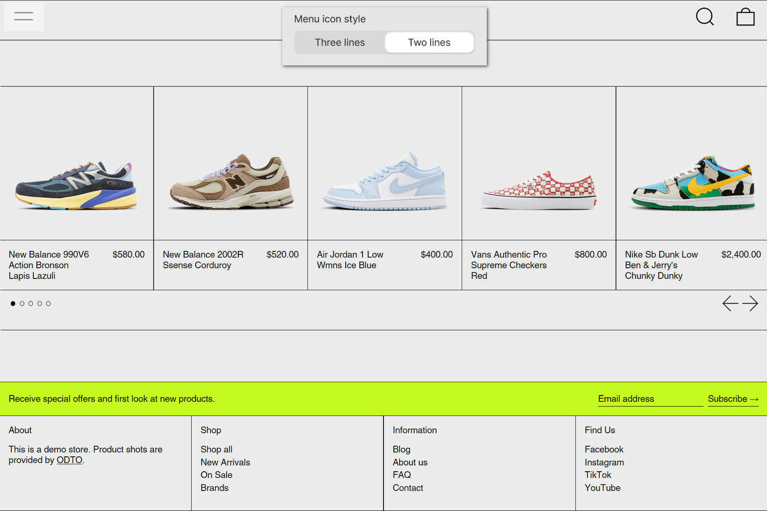An example store's home page with the Theme setting's Icons menu open in Theme editor.