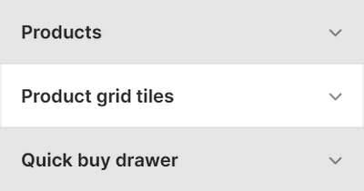 Theme editor's Product grid tiles Theme settings menu.