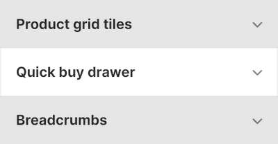 Theme editor's Quick buy drawer Theme settings menu.