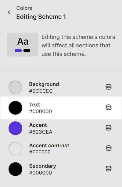 The expanded Colors menu section in Theme settings with the Text setting selected.