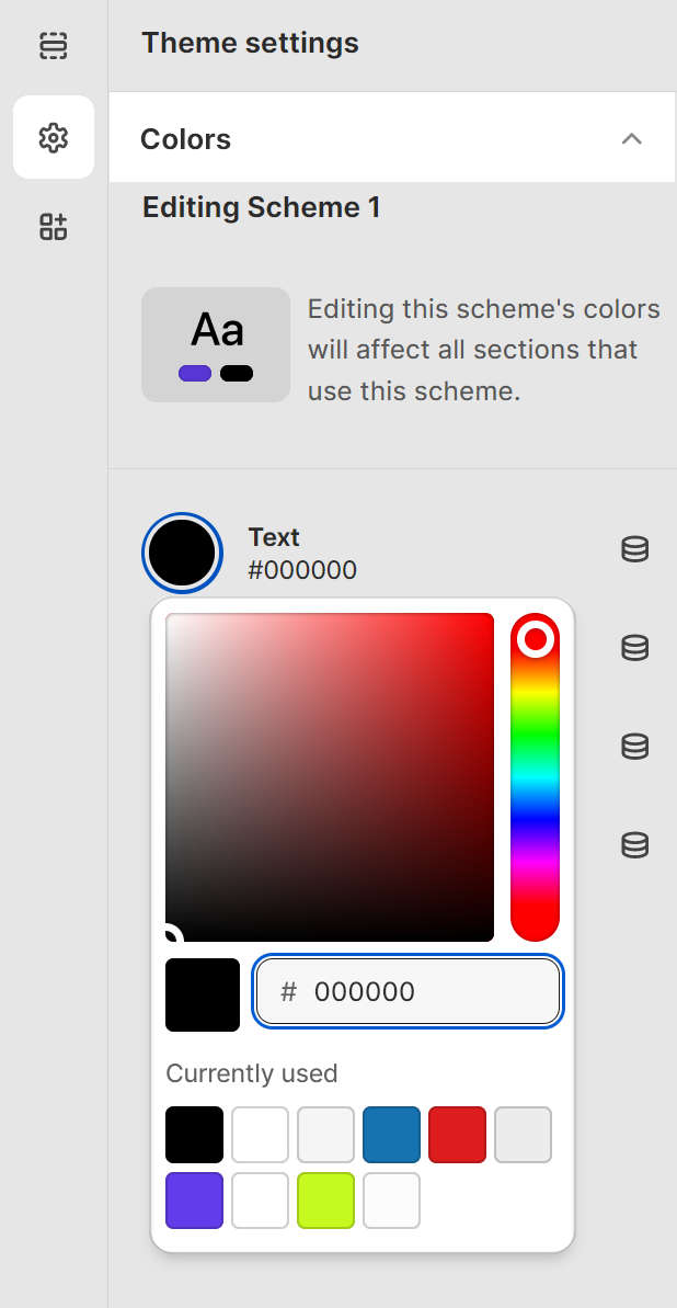 The controls for adjusting a color scheme's text color in Theme settings.