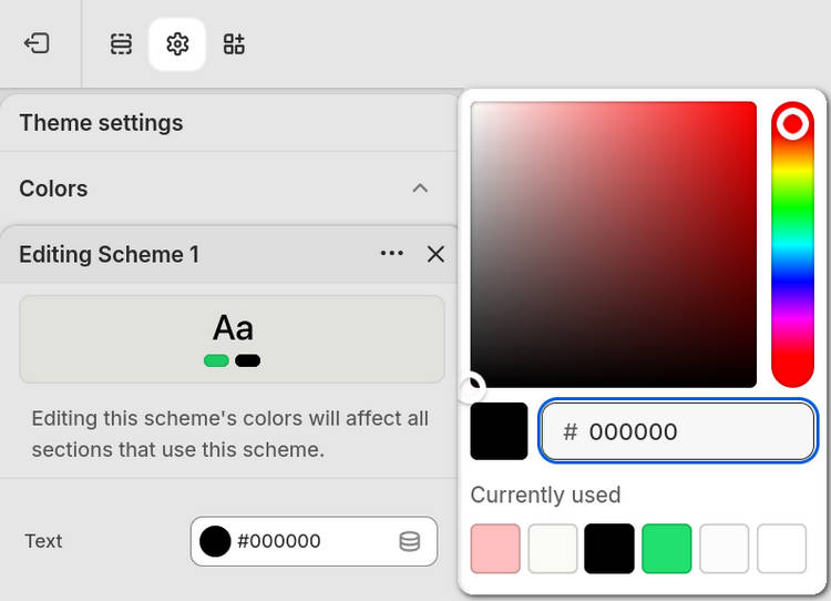 The controls for adjusting a color scheme's text color in Theme settings.