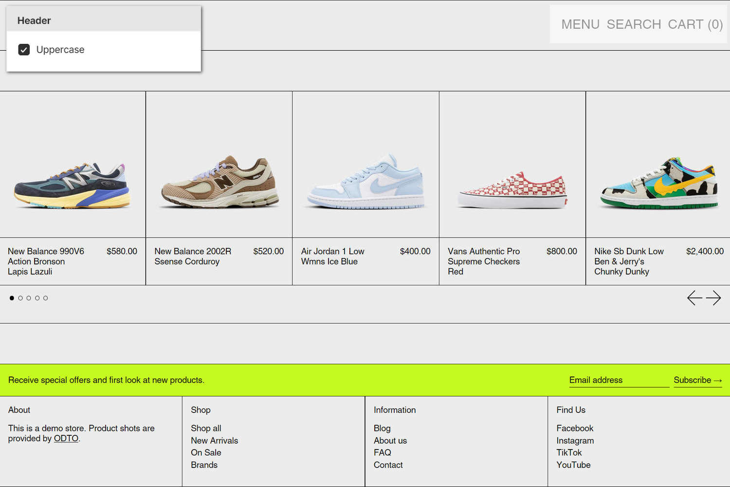 An example store's home page with the Theme setting's Typography menu open in Theme editor.