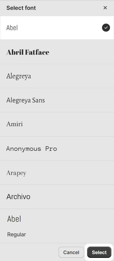 The font picker's select button in Theme setting's Typography menu.