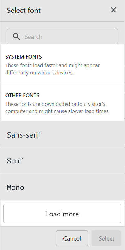 The body text font set picker in the typography section of the theme settings menu