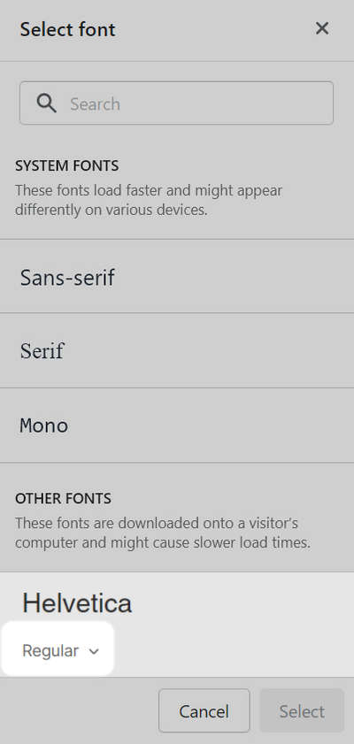 The font picker's font styles dropdown in Theme setting's Typography menu.