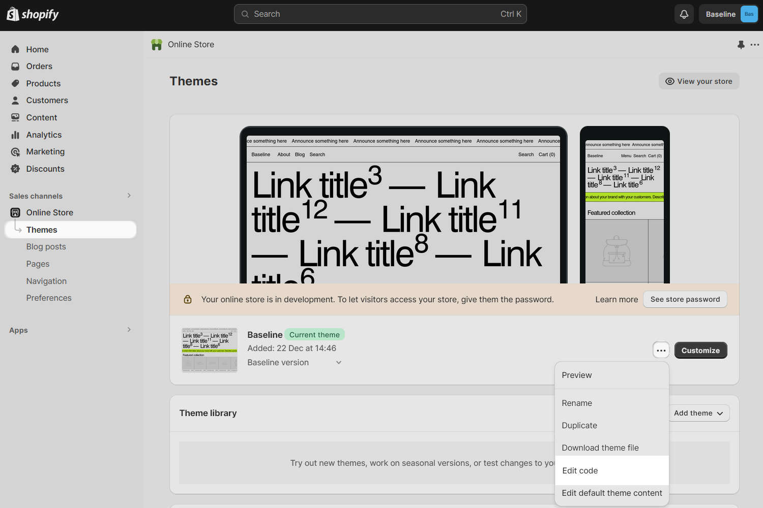 Screenshot of the Baseline theme, in the Online Store section of the Shopify Admin, with the Actions dropdown menu expanded.