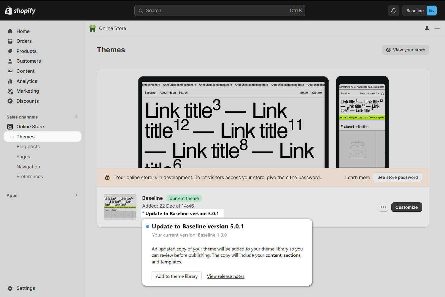 Screenshot of the Baseline theme on the Shopify Theme Store with an Add to theme library button.