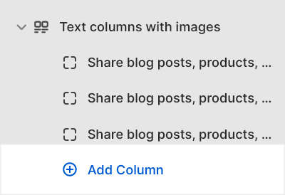 The Text columns with images Add block menu in Theme editor.
