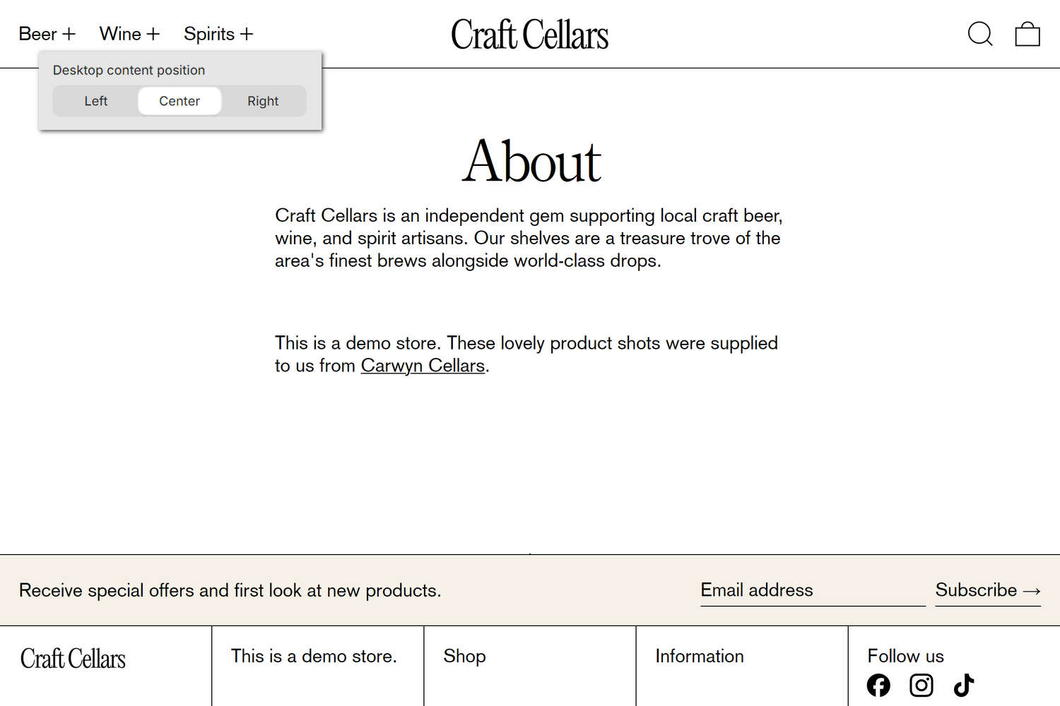 An example Pages section on a store's About page.