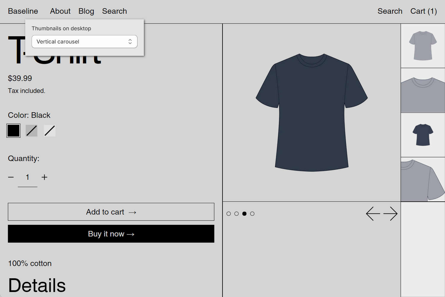An example Product pages section on a store's Product thumbnails page.