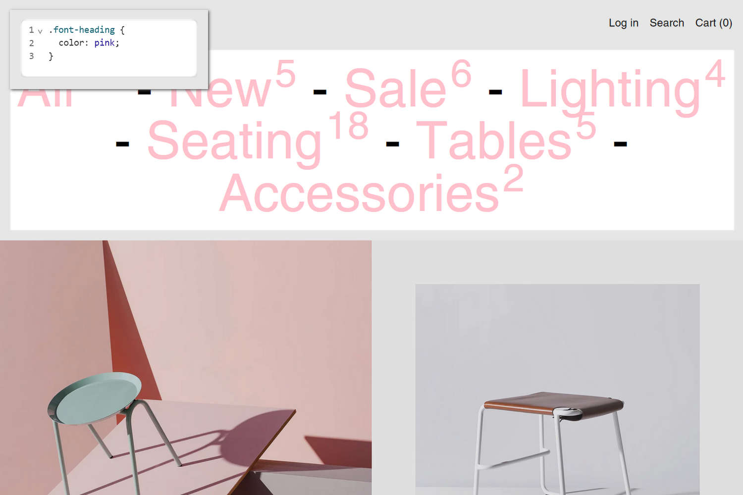 An example store's home page with the Theme setting's Custom CSS menu open in Theme editor.