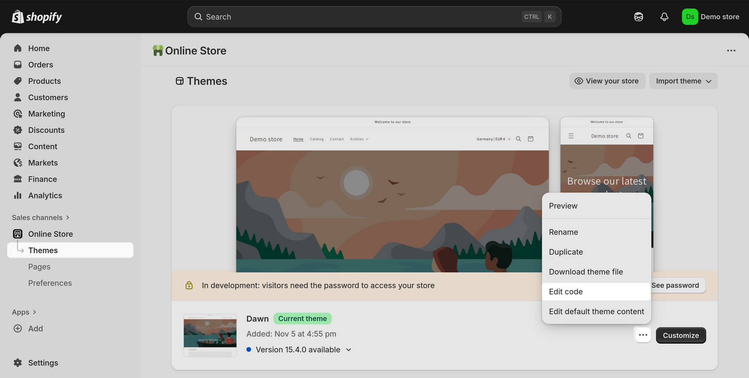 The Actions drop-down in Shopify admin.